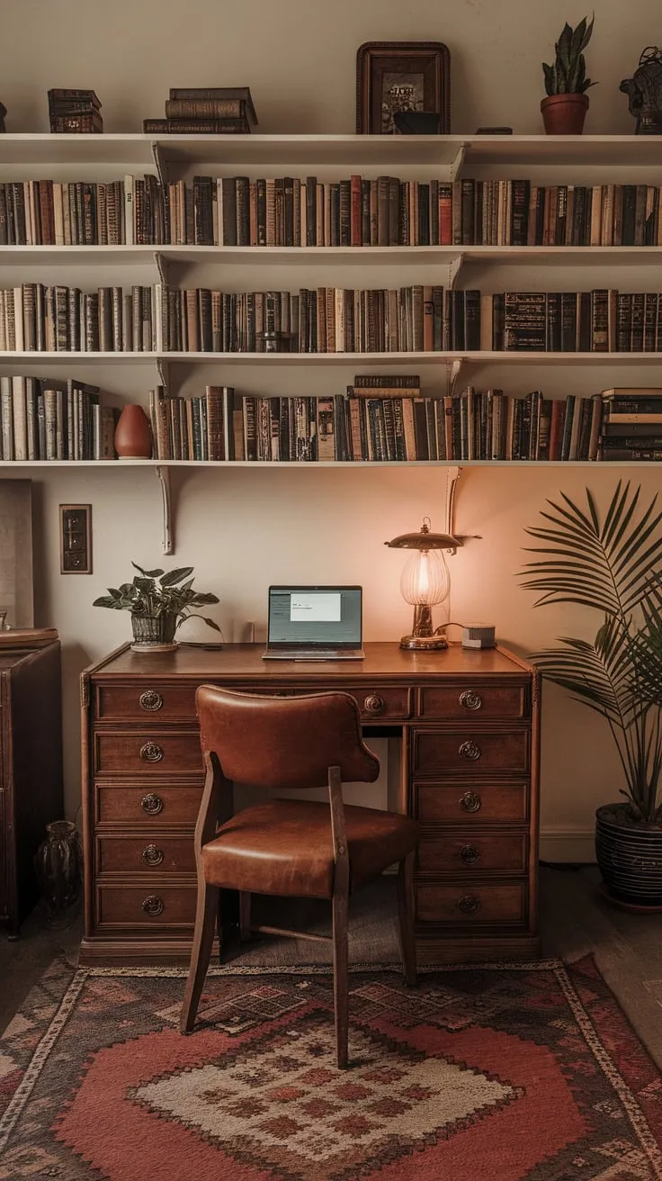 Step back in time to a writer's haven—a vintage study room bathed in warm light, featuring a 1920s aesthetic and all the comforts of a modern workspace.