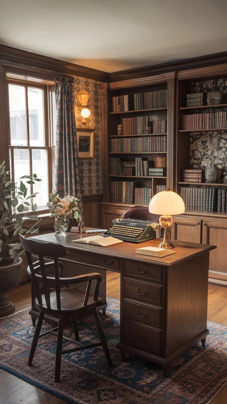 A warm, vintage study room evokes a 1920s writer's haven with a wooden desk, typewriter, and books, creating a cozy atmosphere perfect for creative pursuits