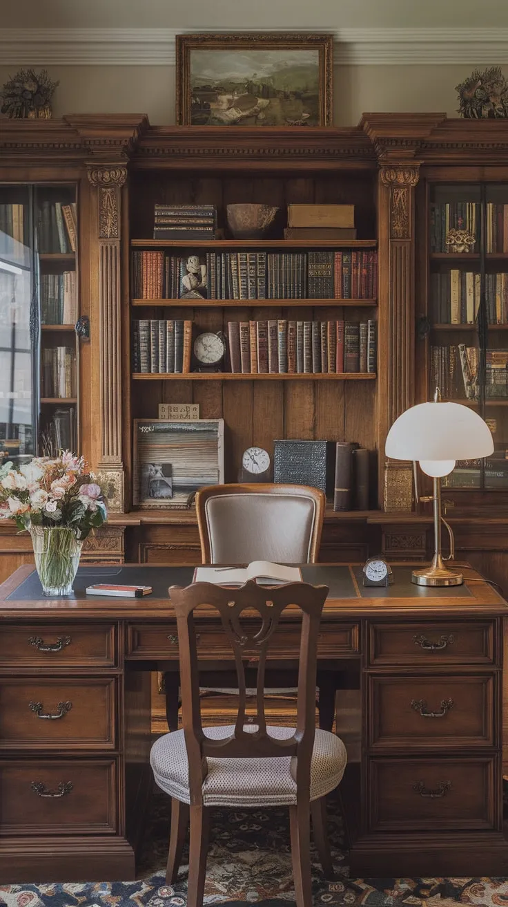 A vintage study room evokes 1920s academia with its wooden desk, overflowing bookshelves, and charming details, perfect for focused work.