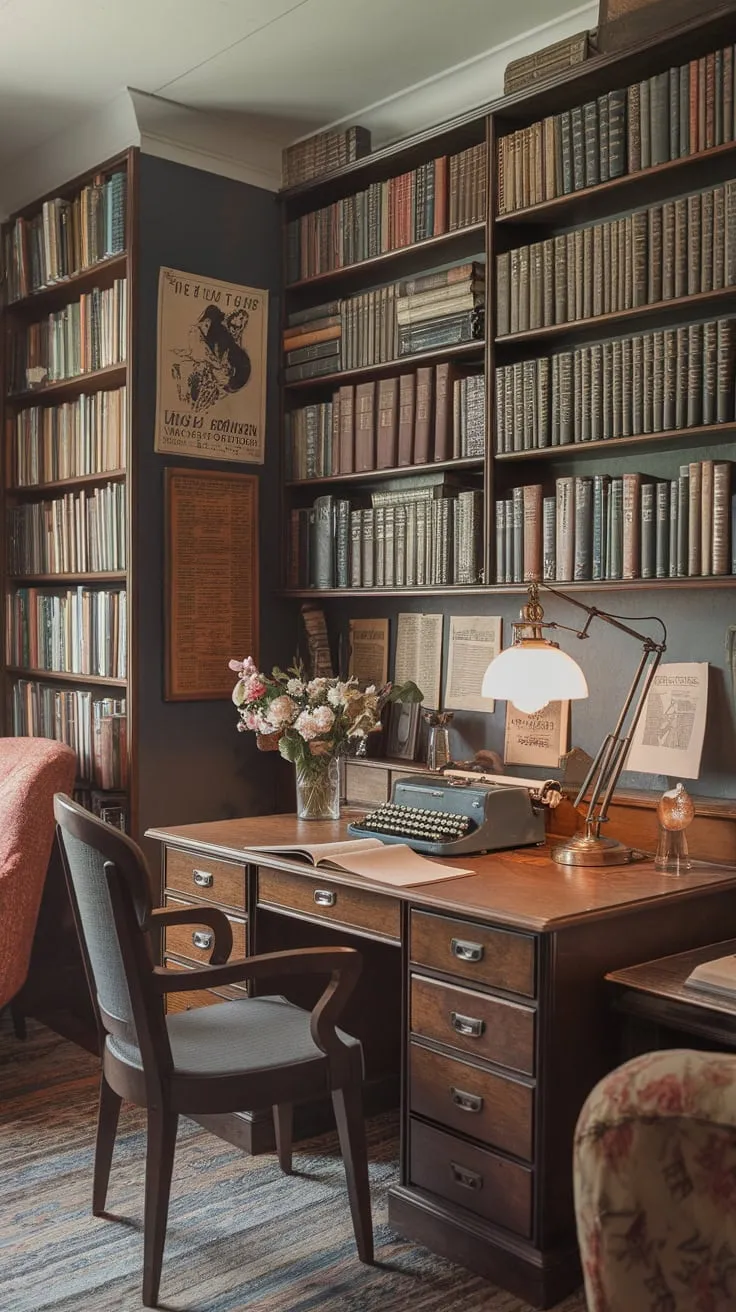 A vintage study room evokes a 1920s writer's haven, its cozy ambiance enhanced by a wooden desk, antique typewriter, and walls lined with books.