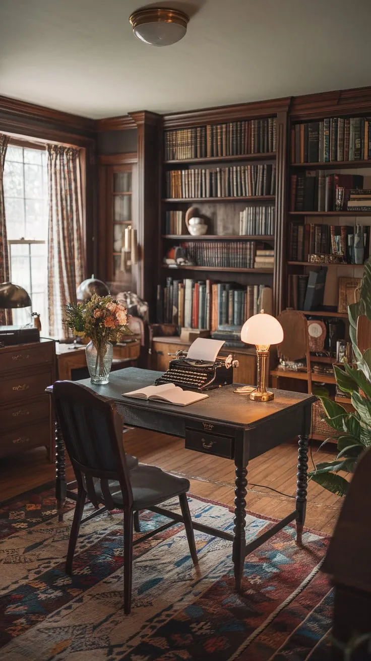 A vintage study room evokes 1920s academia, offering a cozy workspace filled with books, a typewriter, and warm lighting.
