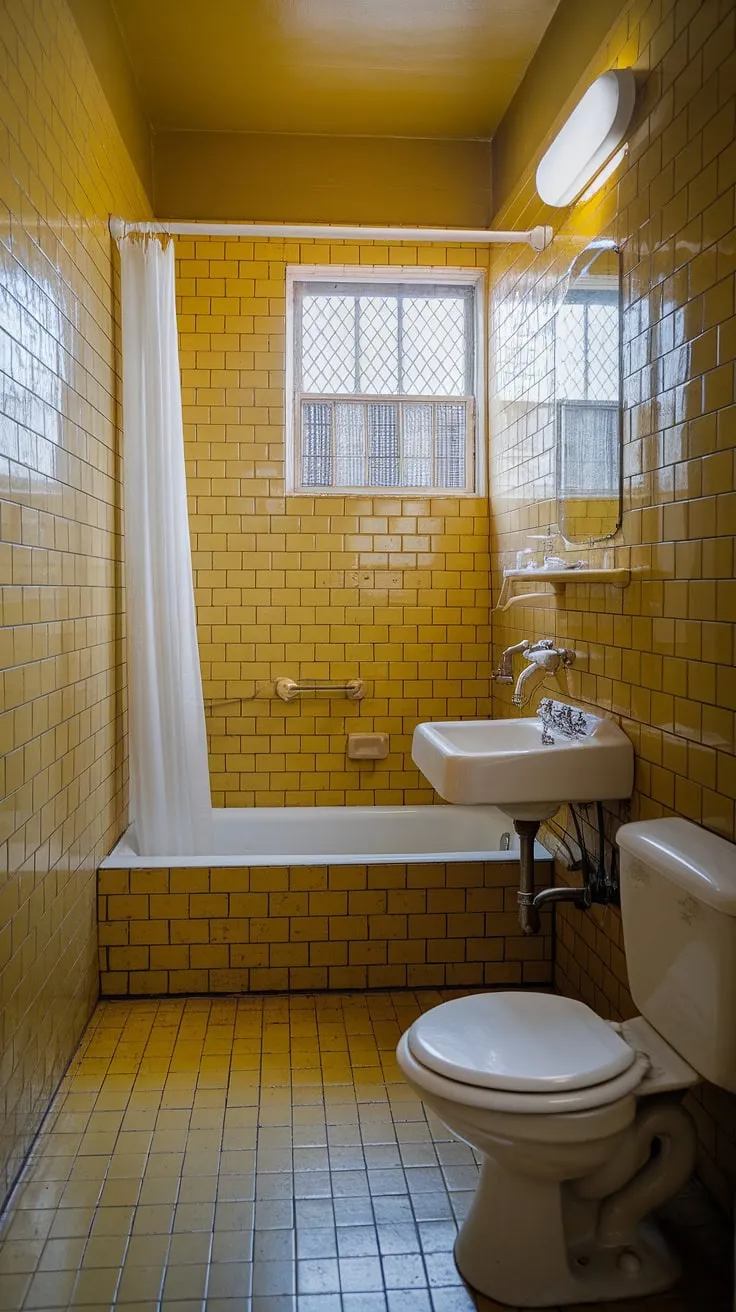 Sunshine streams through the window of this vintage yellow bathroom, illuminating the cheerful mustard-colored tiles and creating a warm, inviting space. The small but perfectly formed room, complete with a bathtub, sink, and toilet, is a testament to simple elegance. A white curtain adds a touch of softness, while the aged details whisper stories of bygone eras.