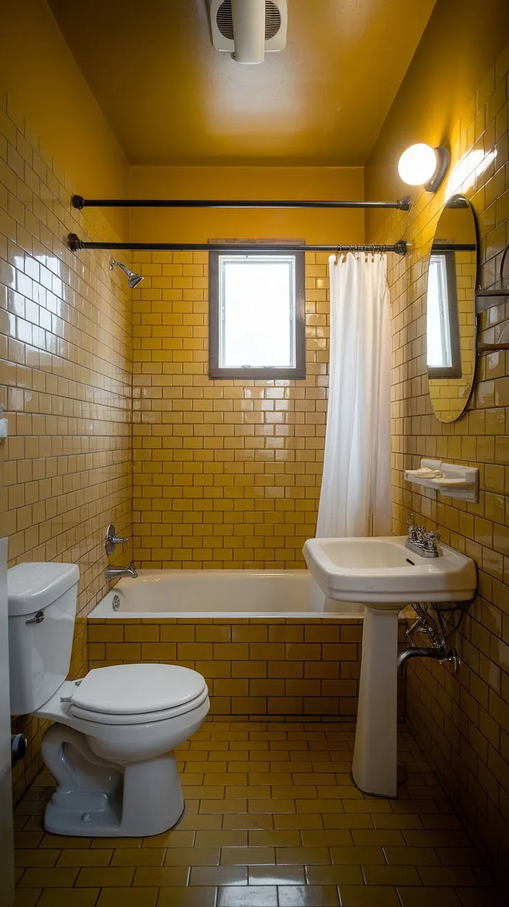 Step back in time to this sunny, vintage bathroom. The cheerful mustard yellow tiles and warm lighting create a surprisingly spacious feel, despite its compact size. A perfect example of how a little charm can go a long way.