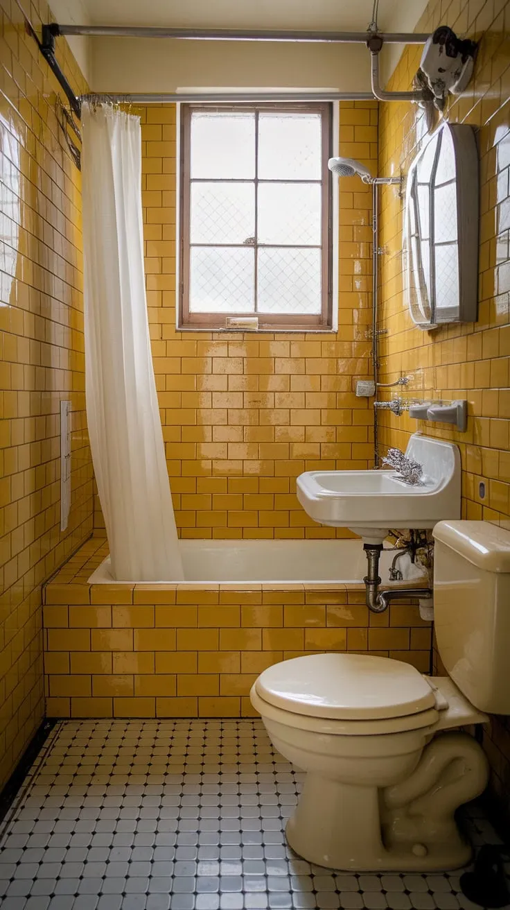 Step back in time to this sunny, vintage bathroom, where mustard-colored tiles and a black and white checkered floor create a charmingly retro space. The small but perfectly formed room, complete with a clawfoot tub and a glimpse of a window, evokes a sense of nostalgic calm. A simple white curtain adds a touch of elegance to this perfectly preserved a gem.