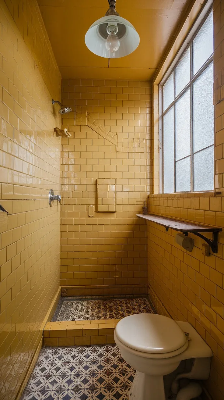 Step back in time in this sunny yellow bathroom, a delightful blend of vintage charm and practical design. The mustard-colored subway tiles, patterned floor, and charming window create a space that's both nostalgic and surprisingly spacious. A testament to the enduring appeal of retro style.