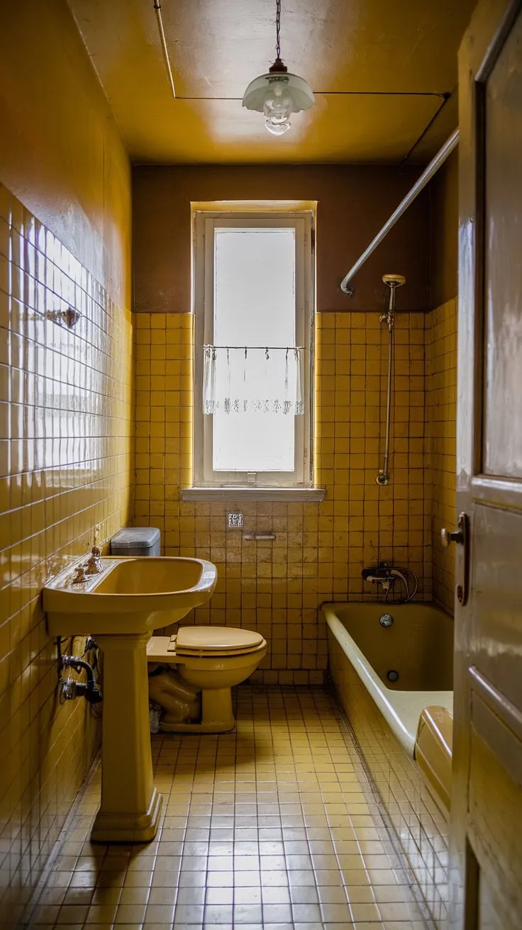 Step back in time to this sunny, vintage bathroom, where the mustard-colored tiles and charming pedestal sink create a nostalgic atmosphere. The small space feels surprisingly spacious thanks to the cheerful yellow tones and the gentle light filtering through the window. A perfect example of retro charm.