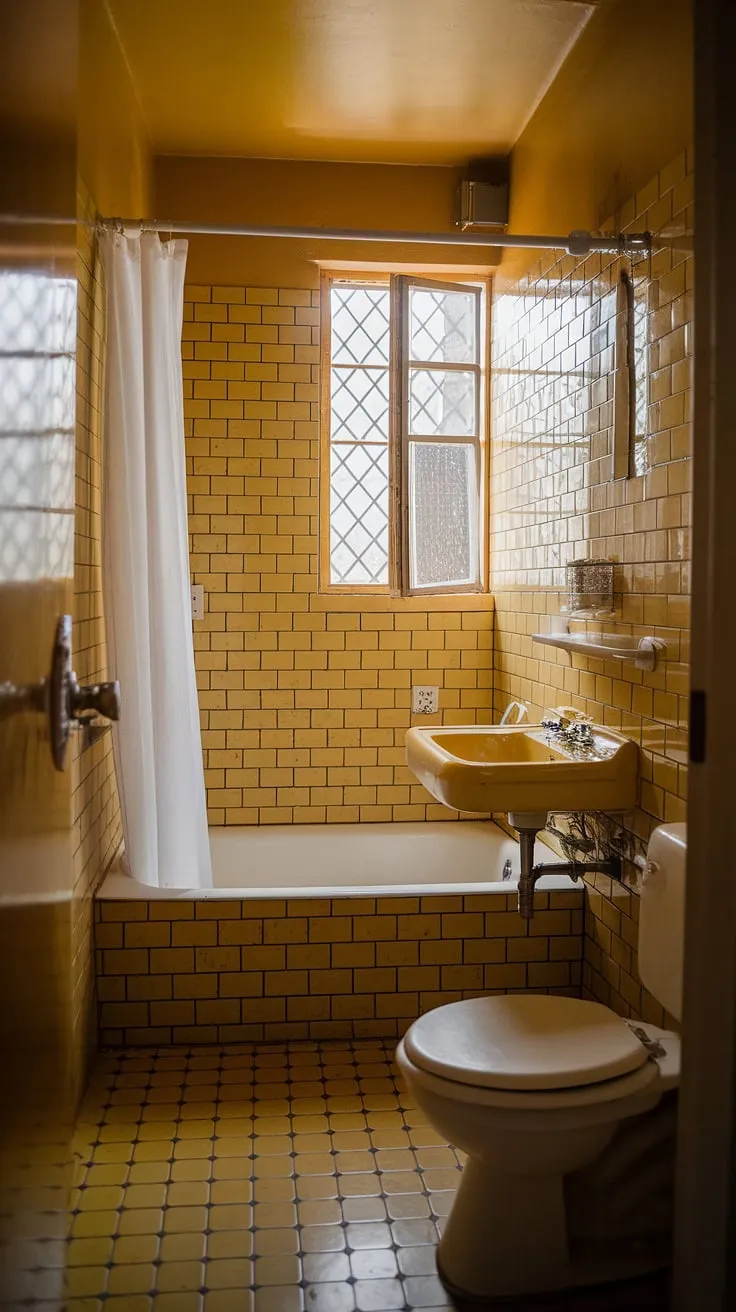 Sun-drenched nostalgia in this vintage yellow bathroom. The mustard tiles and warm light create a cozy, timeless atmosphere, a perfect escape from the everyday. A charming space filled with simple elegance and a touch of retro charm. A true testament to enduring style.