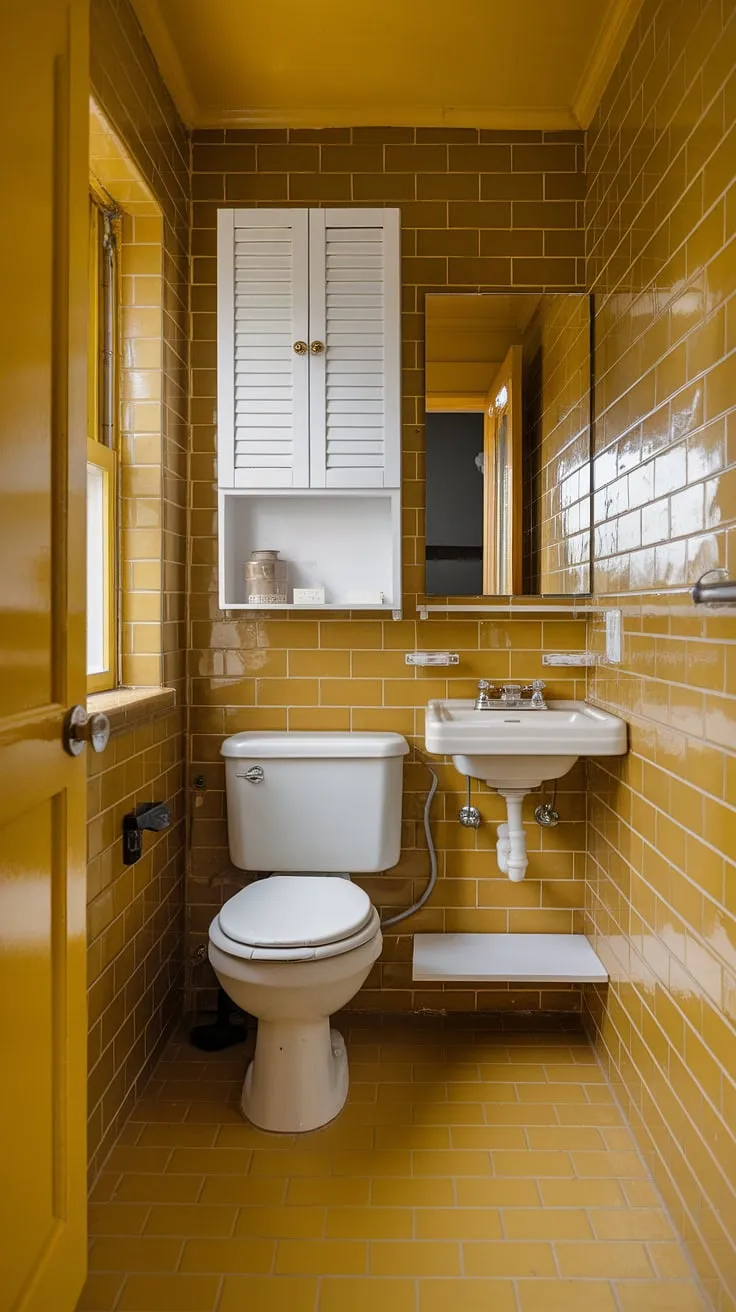 Sunshine and smiles in this cheerful vintage bathroom, where the mustard-colored subway tiles and bright window create a space that's both a charming and unexpectedly spacious.