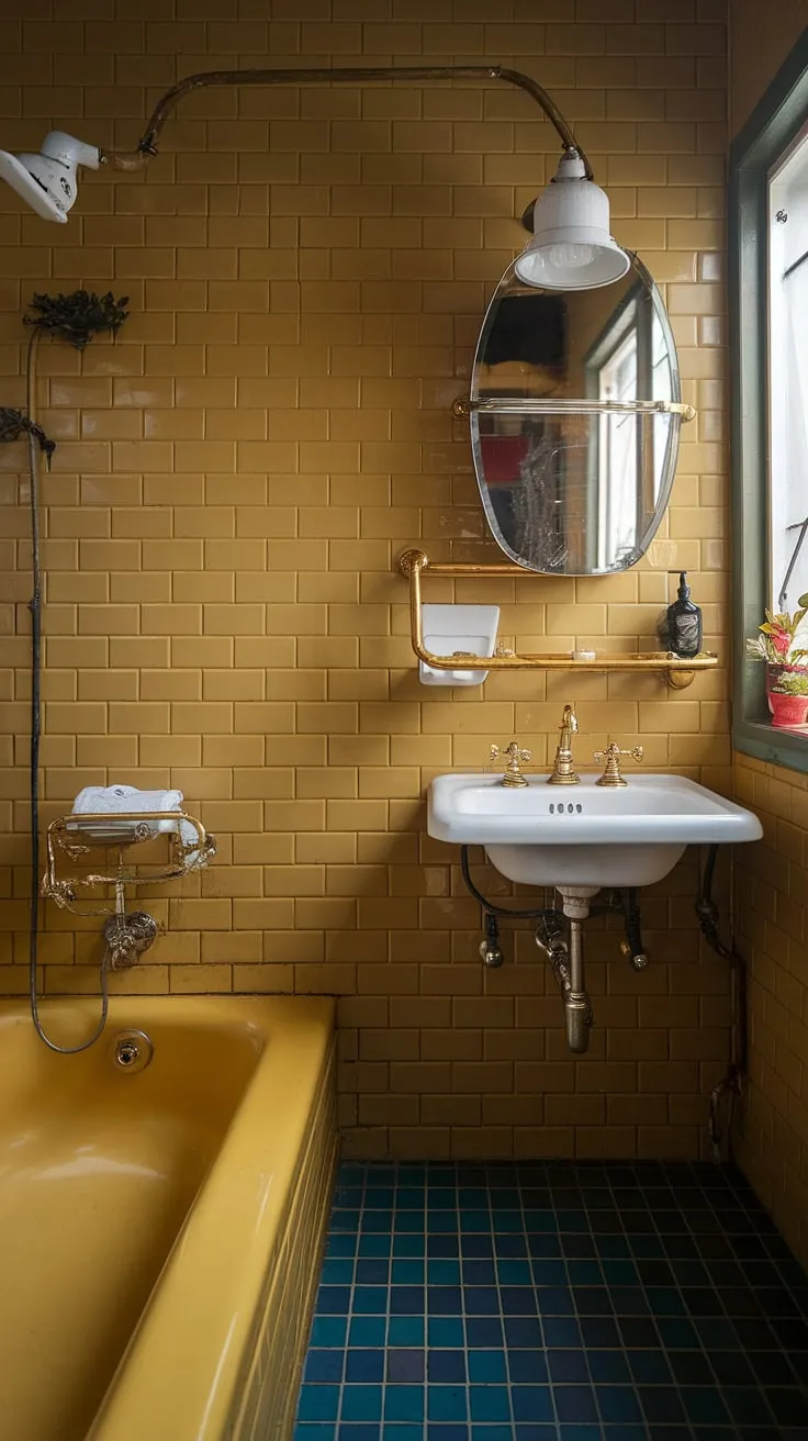 A burst of sunshine in tile form! This vintage bathroom's cheerful yellow hues and playful color palette create a space that's as invigorating as it is stylish. A perfect example of how retro can be both bold and beautiful.