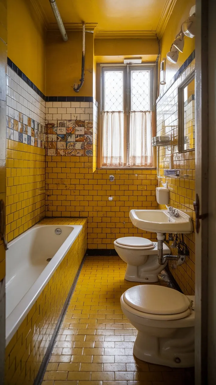 Step back in time with this sunny yellow bathroom, a delightful escape bathed in vintage charm. The mustard-colored tiles and cheerful accents create a space brimming with nostalgic warmth. A perfect example of retro design done right.