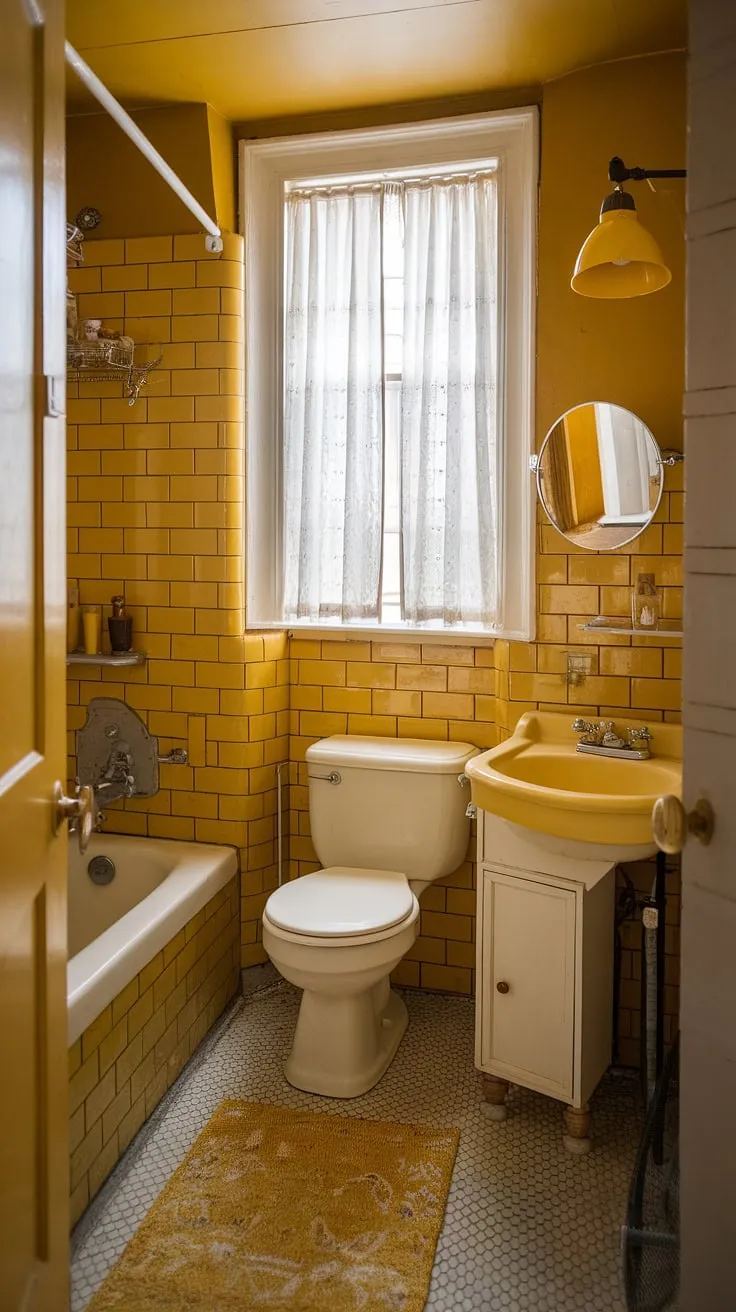 Bathed in sunshine and vintage charm, this petite yellow bathroom is a testament to timeless design. The mustard tiles, white cabinetry, and patterned rug create a cozy and unexpectedly elegant space, perfect for a relaxing soak.