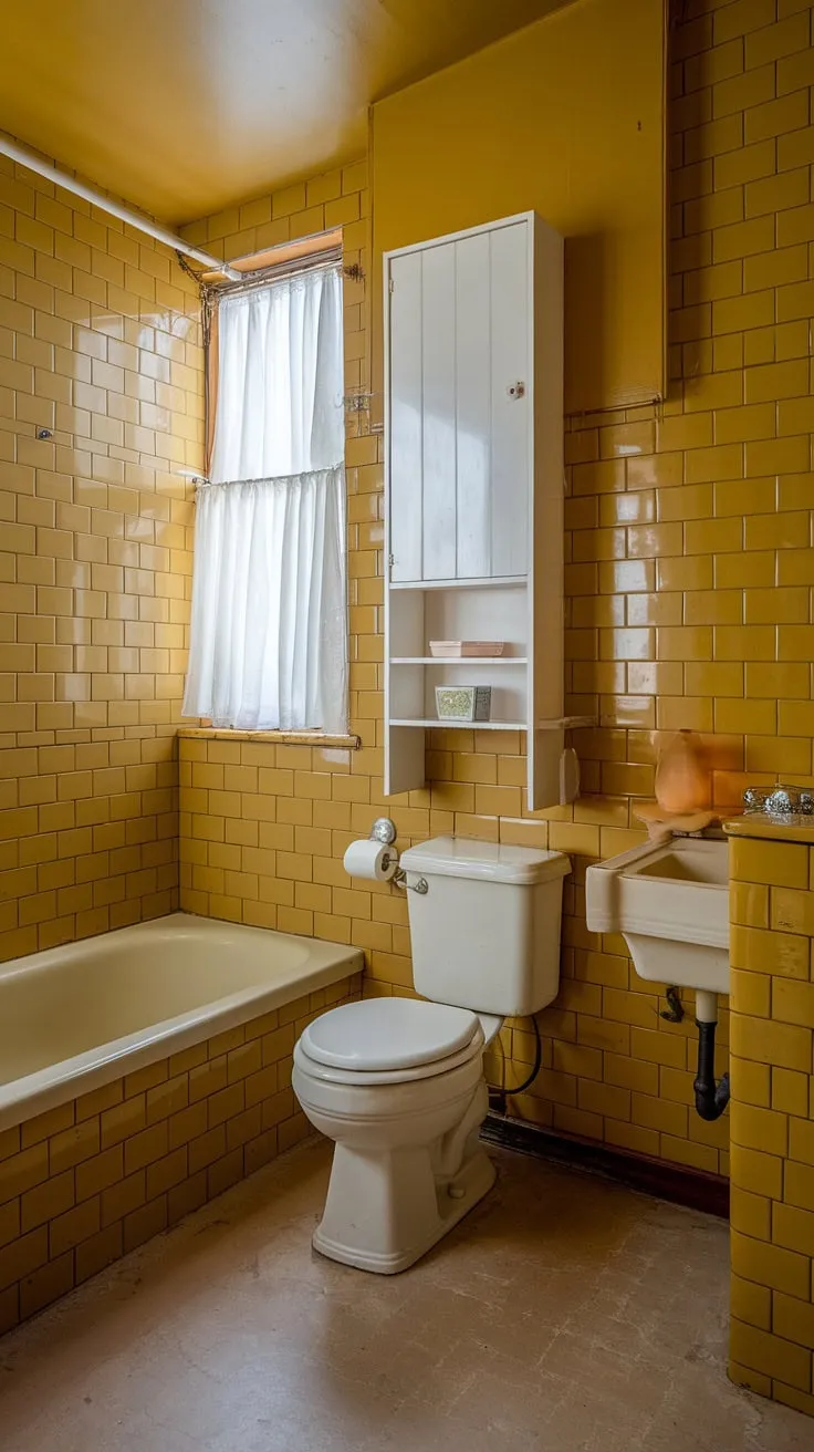 This retro haven, bathed in sunshine yellow, proves that small bathrooms can be big on style. The mustard tiles and simple white fixtures create a cheerful and surprisingly roomy atmosphere. A testament to the enduring charm of vintage design.