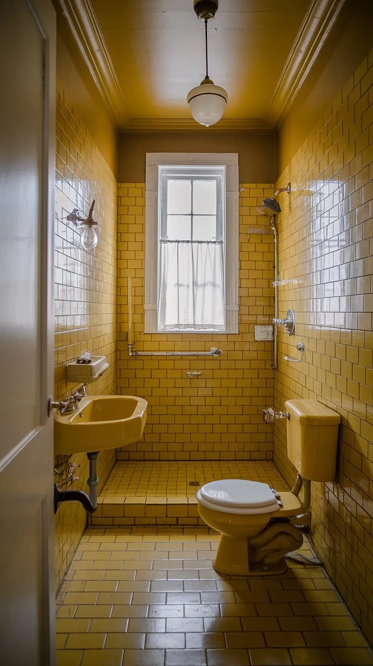 Step back in time with this sunny yellow bathroom, a vintage haven bathed in the warm glow of mustard-colored tiles. The retro fixtures and charming details create a space that's both nostalgic and utterly delightful. A perfect example of how classic design never goes out of style.