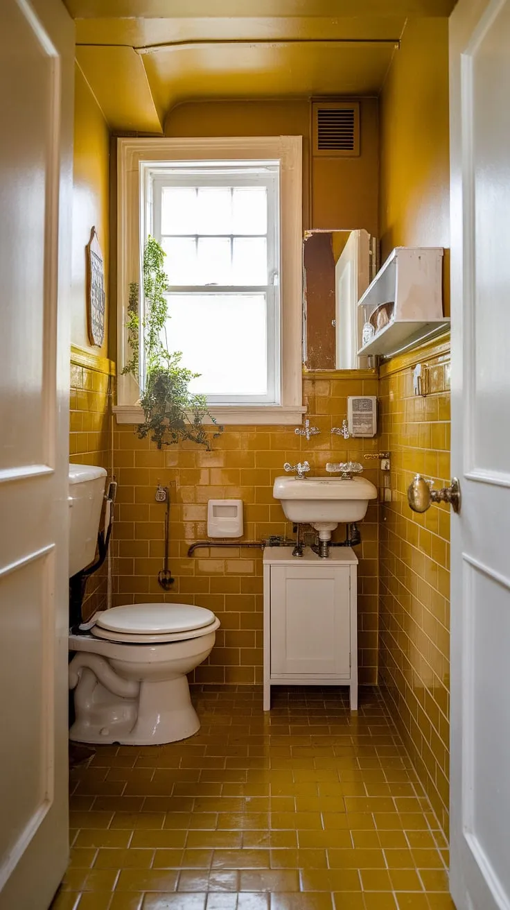 Bathed in sunshine and vintage charm, this petite yellow bathroom is a testament to simple elegance. The cheerful mustard tiles and crisp white accents create a space that's both nostalgic and utterly delightful. A perfect example of how a little space can hold so much warmth.