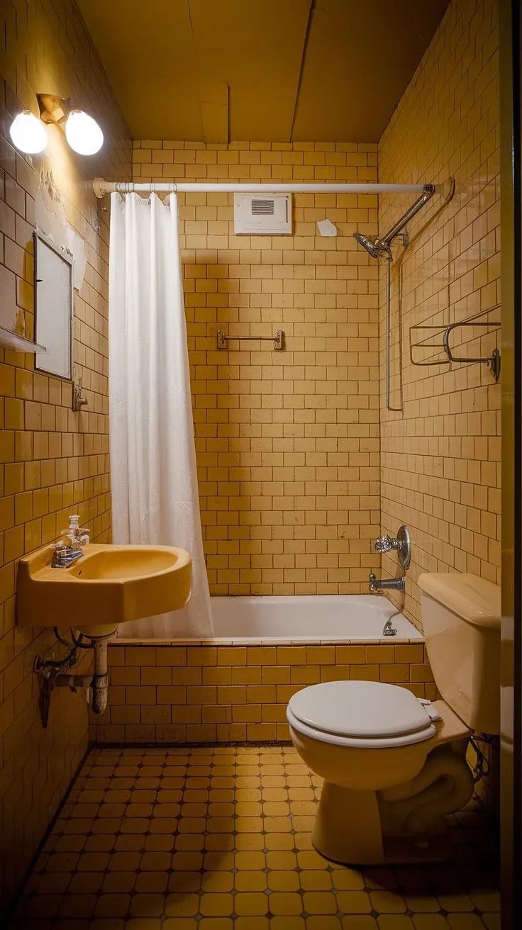 A nostalgic escape awaits in this charming yellow bathroom. The vibrant tiles and simple fixtures create a space that's both functional and utterly delightful. A testament to timeless design.