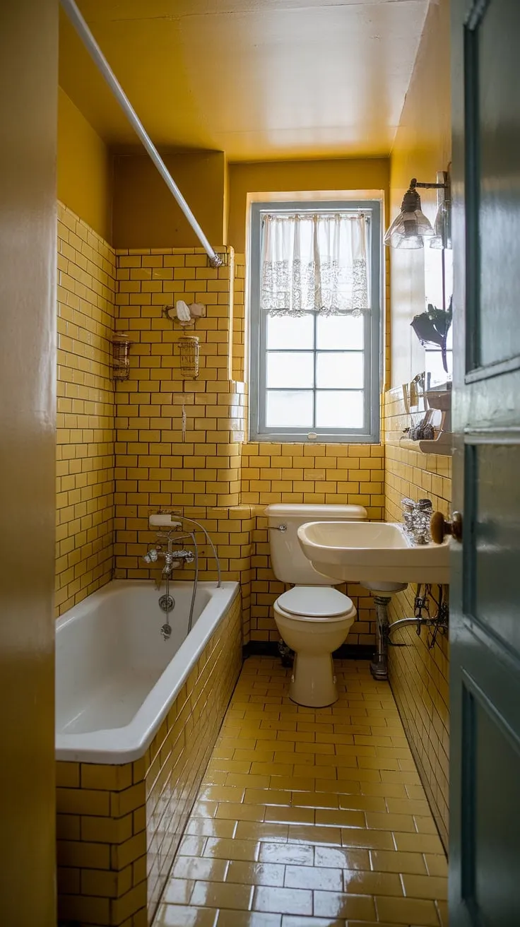 Bathed in sunshine-yellow hues, this vintage bathroom is a delightful escape. The mustard-colored tiles and charming window create a cozy and inviting atmosphere. A reminder that even the smallest of spaces can be filled with warmth and character.
