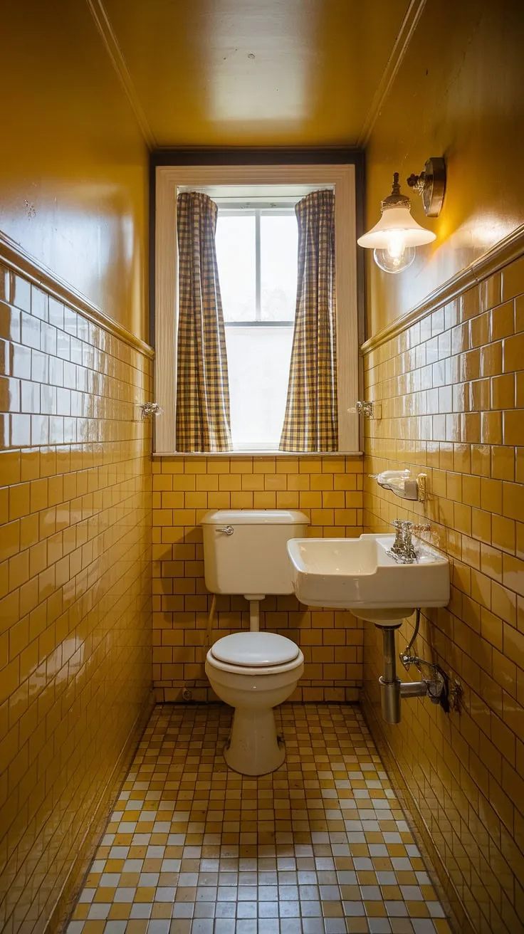 Step back in time in this sunny, vintage bathroom. The cheerful mustard yellow subway tiles, checkered floor, and quaint window create a charming and unexpectedly spacious feel. A testament to the enduring appeal of retro design.