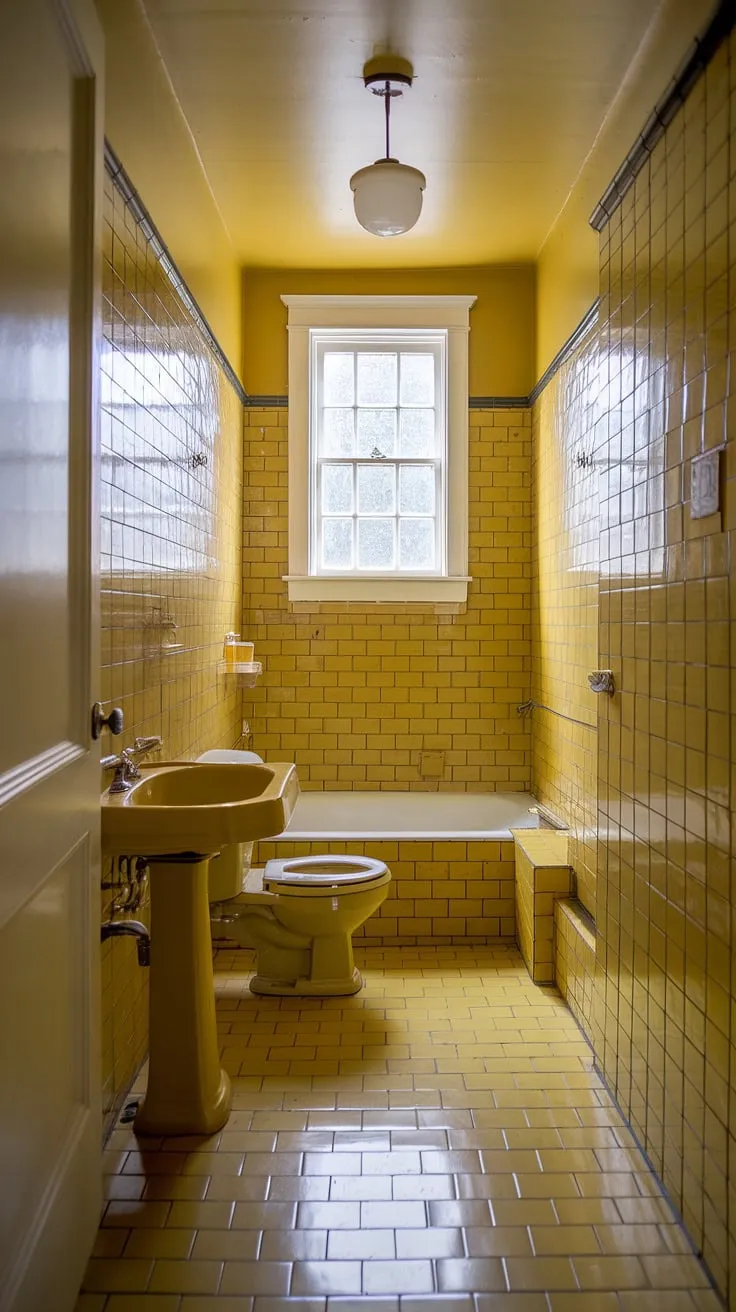 Step back in time to this sunny, vintage bathroom, where the mustard-colored tiles and cheerful yellow walls create a surprisingly spacious feel. The classic pedestal sink, toilet, and bathtub complete the retro charm. A perfect example of how a small space can be brimming with personality.
