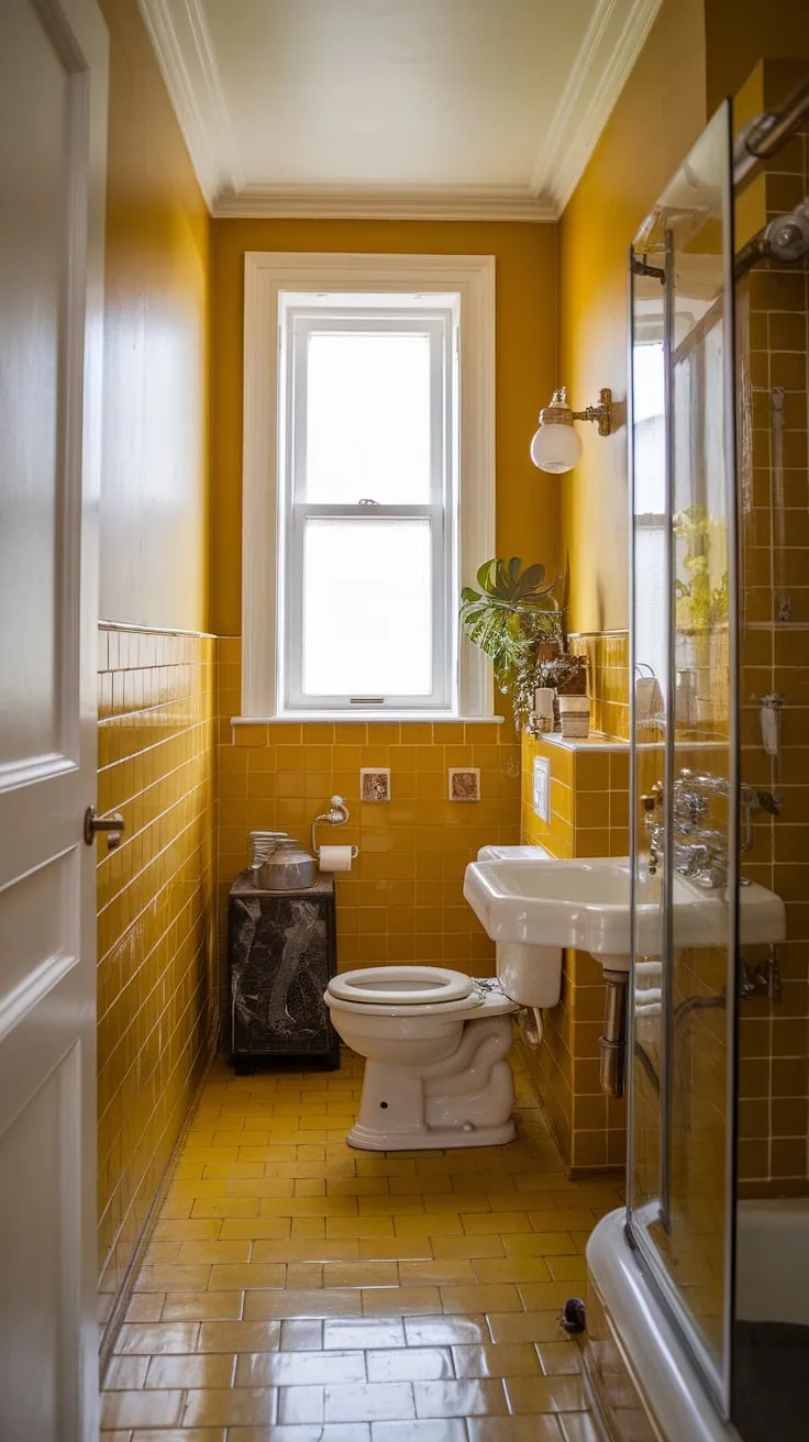 Step back in time in this sunny yellow bathroom, a vintage haven where the mustard-colored tiles and retro fixtures create a cheerful and nostalgic atmosphere. The gentle light streaming through the window illuminates the space, highlighting the charming details, from the antique faucet to the potted plant. A perfect example of how a small space can be filled with character and warmth.