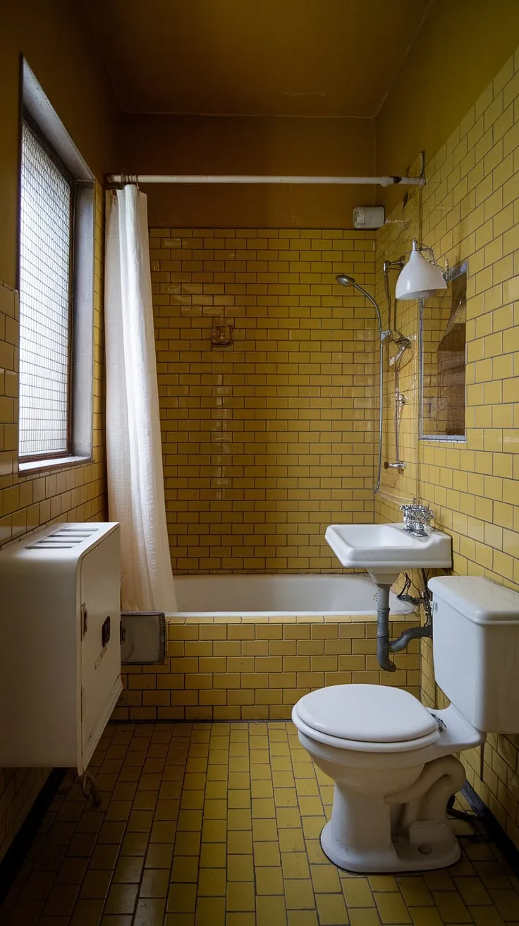 Bathed in the warm glow of a bygone era, this tiny yellow bathroom is a delightful escape. The cheerful mustard tiles and a vintage details, from the wire mesh window to the simple white cabinetry, create a space that's both functional and utterly charming. A perfect example of how less can be so much more.