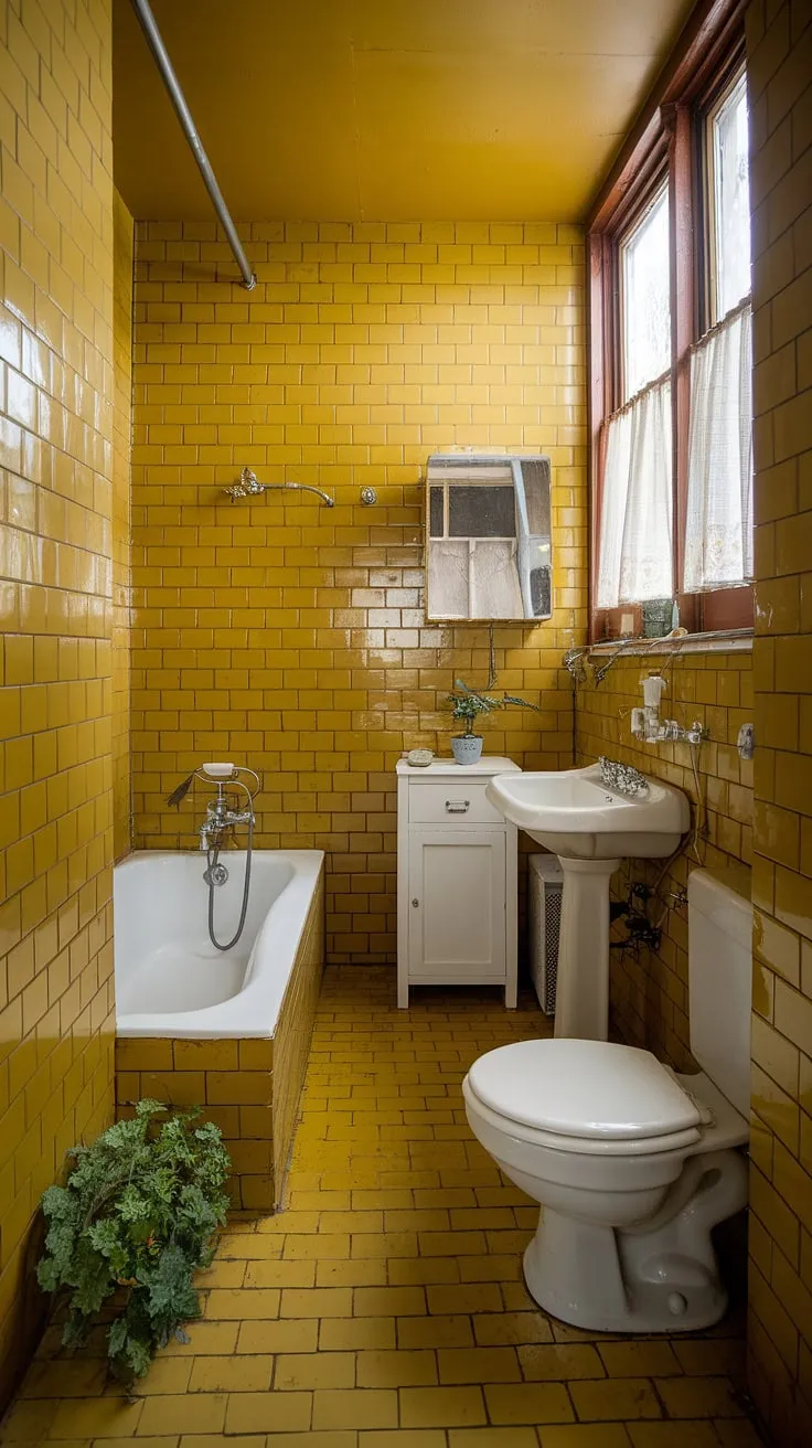 Step back in time to this sunny, vintage bathroom. The mustard-colored subway tiles and warm lighting create a surprisingly inviting and cozy space, a perfect example of how charm can be found in the smallest of rooms. A simple white tub, sink, and toilet are complemented by a small plant and a window dressed with delicate curtains, adding a touch of personality. A testament to the enduring appeal of retro design.