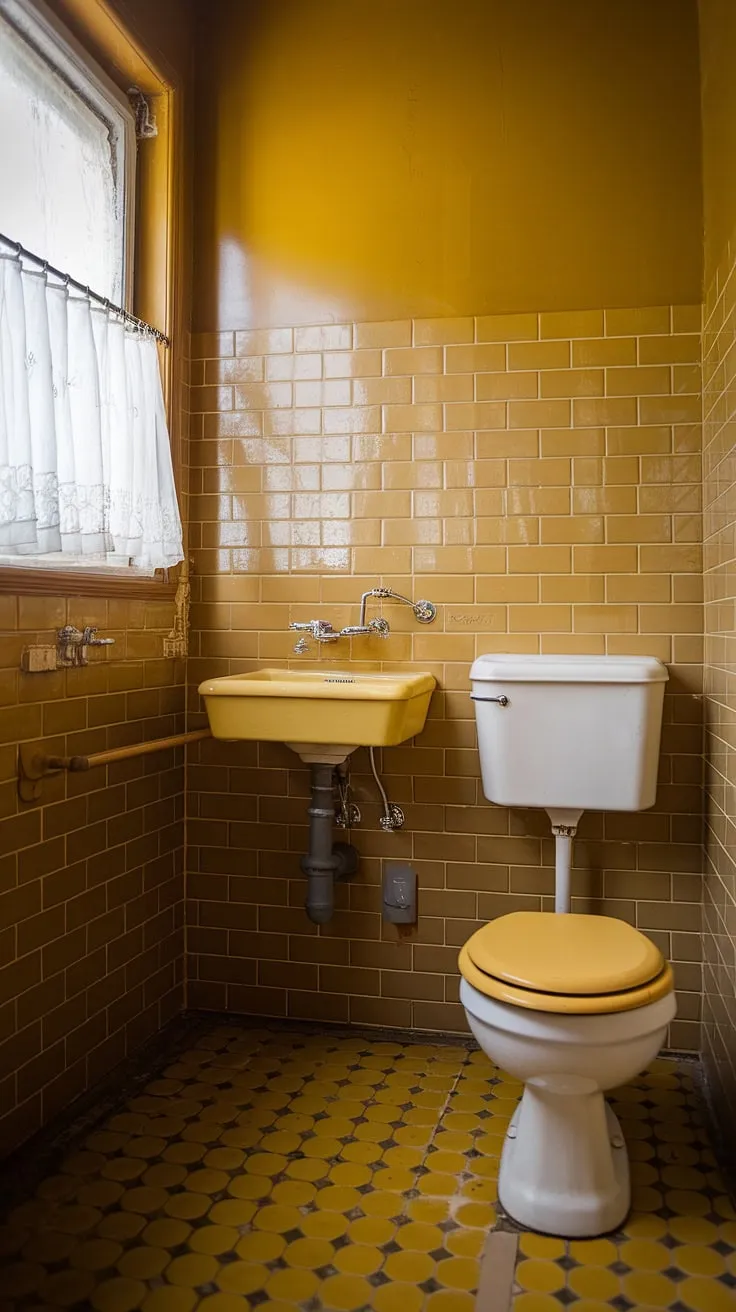 Step back in time to this sunny, vintage bathroom. The cheerful mustard yellow tiles and charming details create a space that's both nostalgic and utterly delightful. A perfect example of retro design done right.