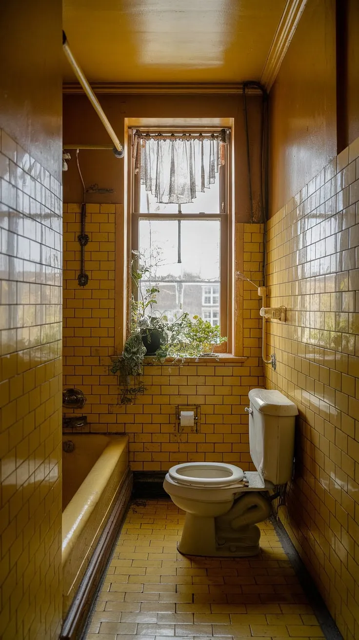 Step back in time in this sunny, vintage bathroom. The mustard-colored tiles and old-fashioned fixtures create a charming, nostalgic atmosphere, perfectly complemented by the small window and a touch of greenery. A true testament to retro style.
