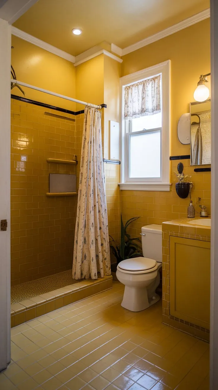 Step back in time to this sunny, vintage bathroom, where mustard-colored tiles and a cheerful yellow palette create a nostalgic escape. The charming details, from the shower curtain to the small window, whisper tales of simpler times. A perfect blend of retro style and cozy comfort.