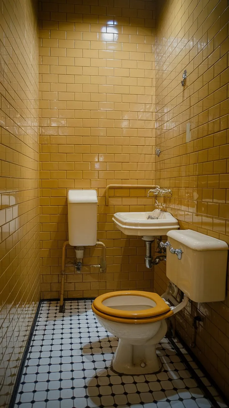 Sunshine streams into this cheerful vintage bathroom, its mustard-colored subway tiles a vibrant backdrop to the pristine white sink and toilet. The black and white checkered floor adds a touch of playful contrast, creating a surprisingly spacious feel despite the room's compact size. A perfect example of how a little color can go a long way.