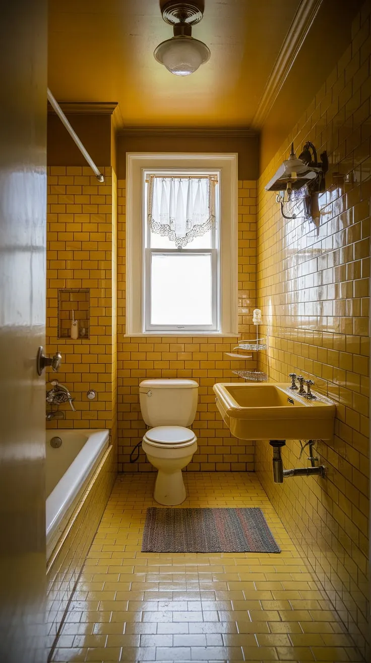 Step back in time to this sunny, vintage bathroom, where mustard-colored tiles and a cheerful yellow palette create a surprisingly spacious feel. The charming details, from the vintage light fixture to the small area rug, add to the nostalgic ambiance. A perfect example of how a little space can hold a lot of character.