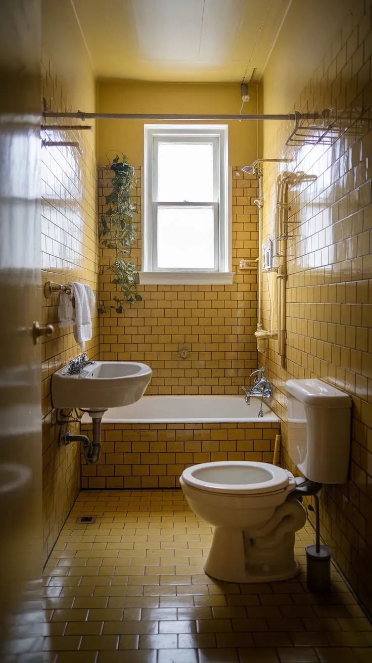 Step back in time with this sunny yellow bathroom, a nostalgic haven of mustard-colored subway tiles and vintage charm. The small space feels surprisingly spacious thanks to the soft lighting and cheerful color palette. A perfect example of how a little space can be a lot of style.