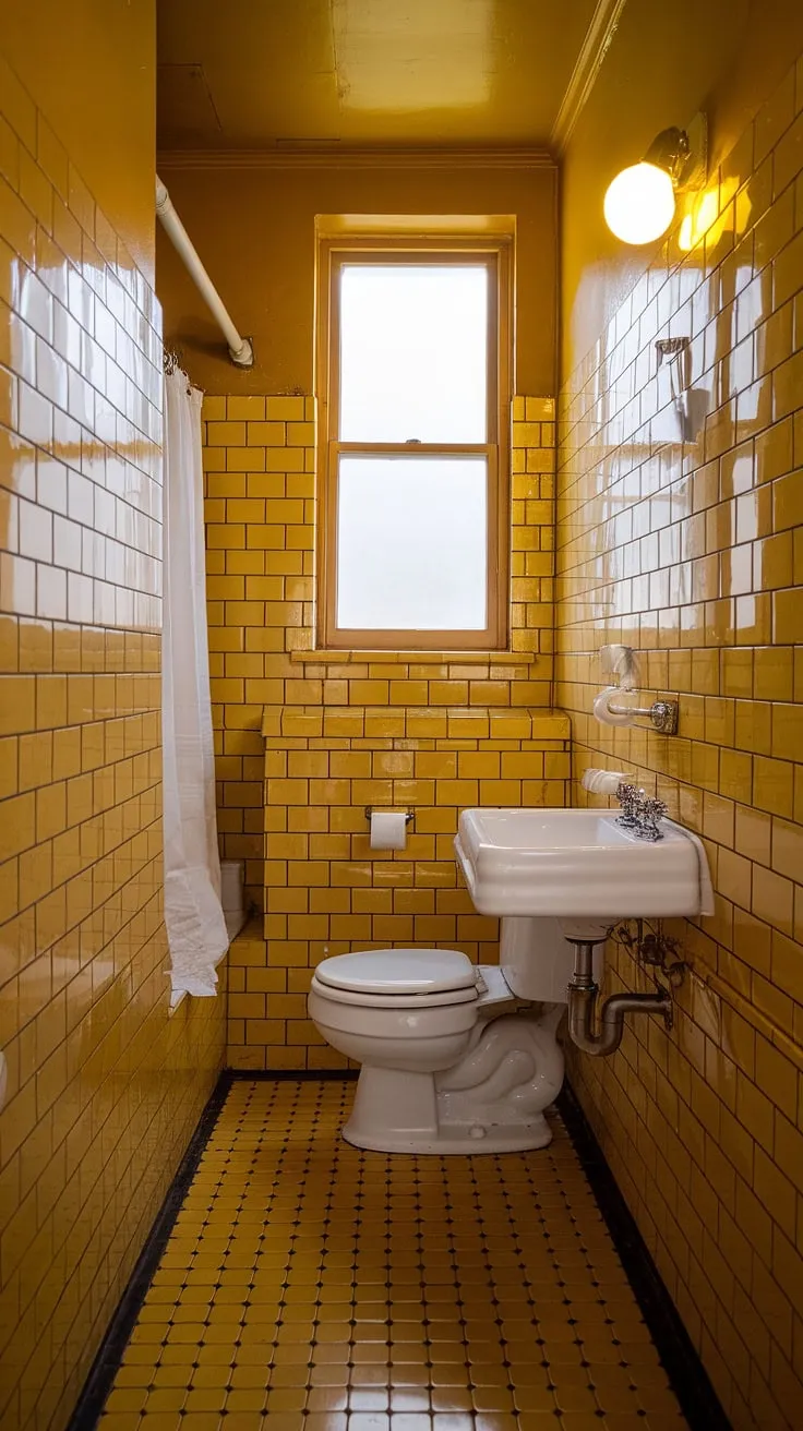 Bathed in sunshine and retro style, this tiny yellow bathroom is a testament to simple elegance. The cheerful mustard tiles, white fixtures, and patterned floor create a unique and welcoming ambiance. A perfect example of how a small space can be filled with personality and warmth.