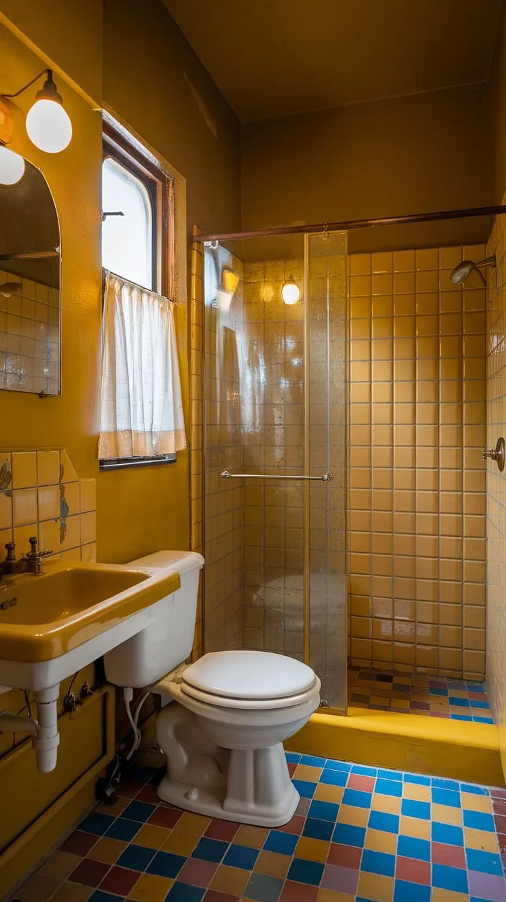 This cozy, mustard-hued bathroom is a delightful escape. The vibrant yellow shower tiles and colorful floor create a playful contrast against the crisp white of the sanitary ware. Despite its compact size, the room feels bright and airy thanks to the thoughtful use of color and light.