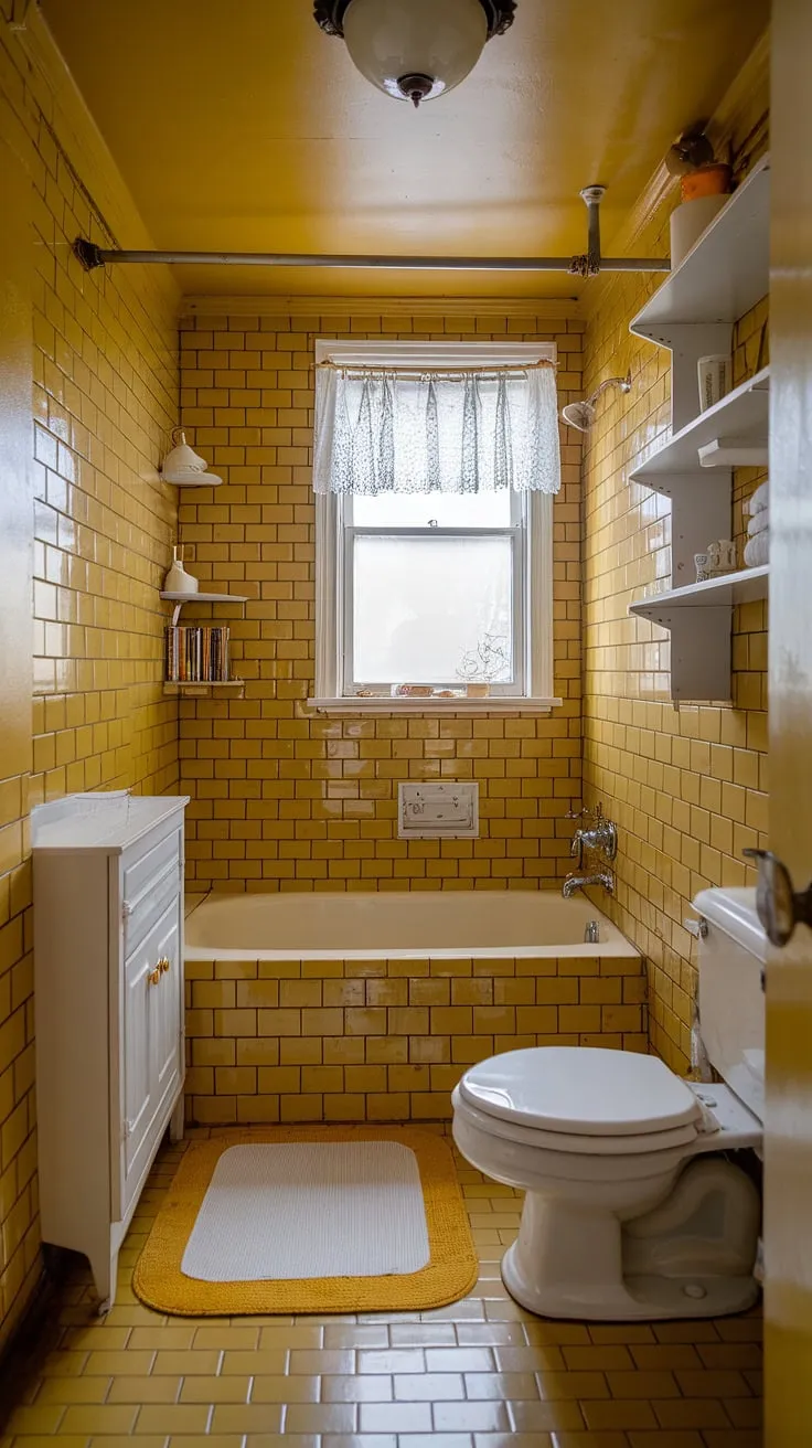 Bathed in sunshine and retro charm, this vintage yellow bathroom is a delightful escape. The mustard-colored tiles create a warm and inviting atmosphere, while the simple white accents add a touch of elegance. A testament to the enduring appeal of classic design.
