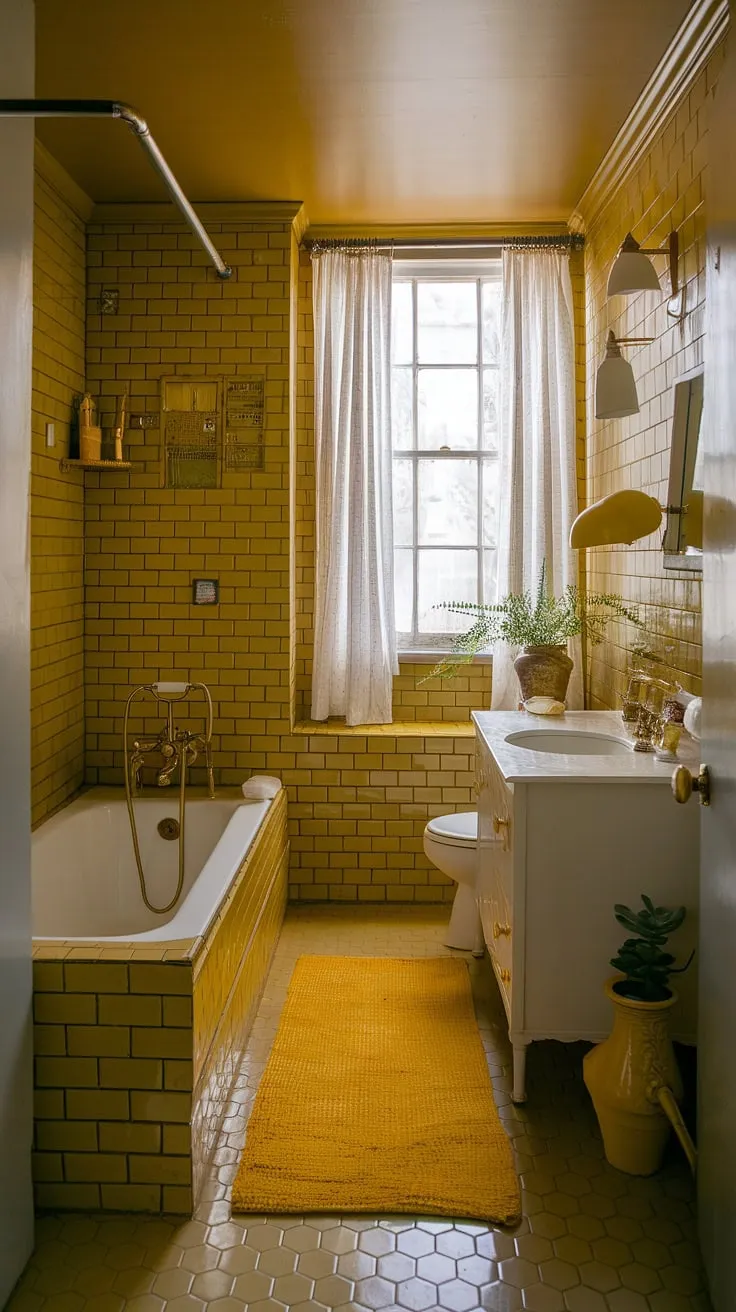 Bathed in sunshine and vintage style, this petite yellow bathroom is a delightful escape. The warm hue of the subway tiles and coordinating accessories creates a cozy atmosphere, while the white bathtub and vanity offer a touch of classic elegance. A perfect example of how a small space can be brimming with personality and charm.