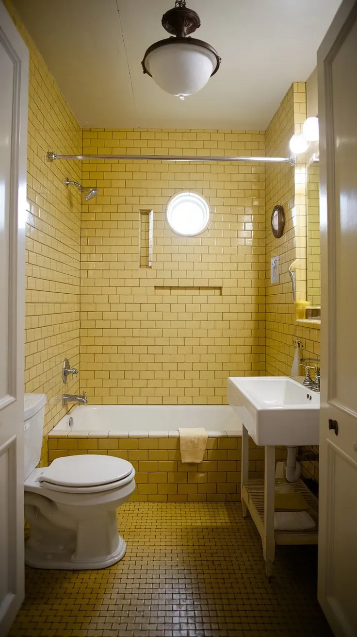 Step back in time with this sunny yellow bathroom, a delightful blend of vintage charm and cheerful design. The mustard-hued subway tiles create a warm, inviting space, perfectly complemented by the crisp white fixtures. A true testament to the enduring appeal of retro style.