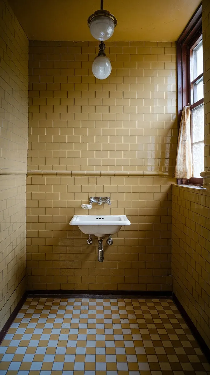 Step back in time with this sunny yellow bathroom, a charming space where vintage meets vibrant. The mustard tiles and checkered floor create a cheerful retro haven, perfect for a quick escape. A splash of sunshine in every detail.