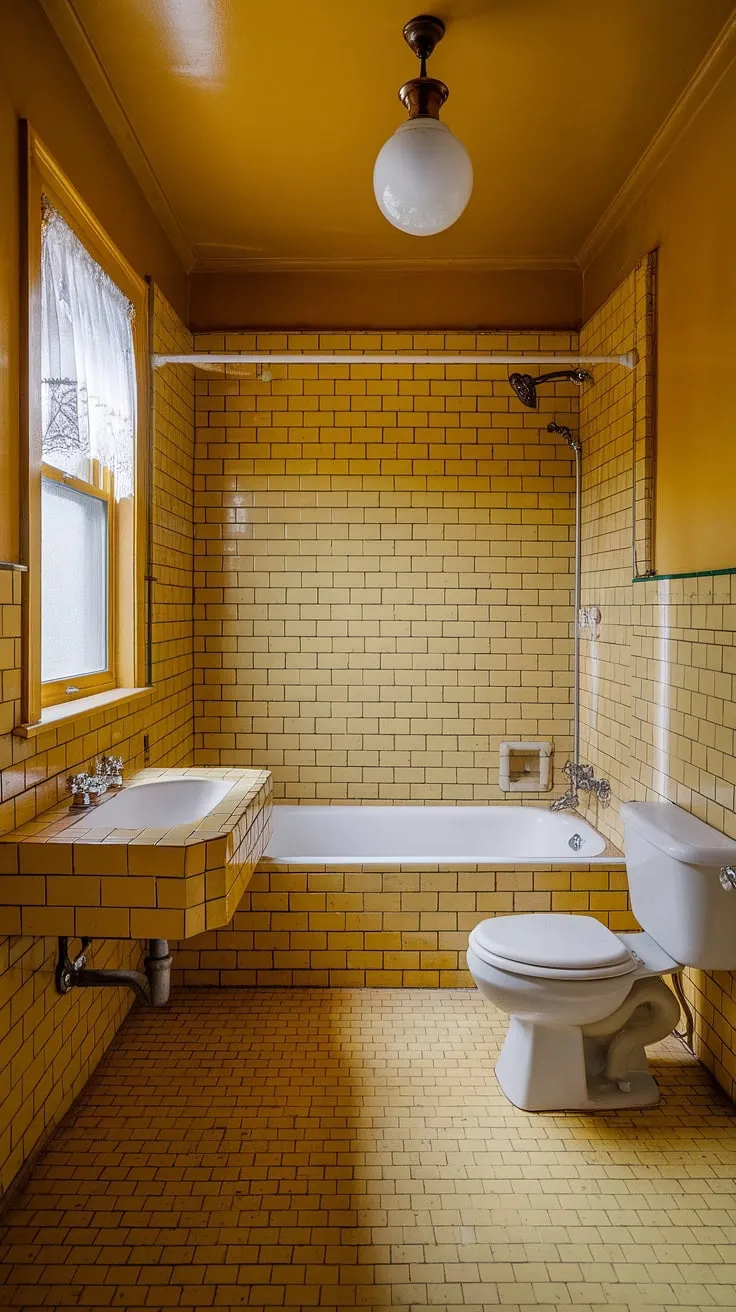 Bathed in sunshine and vintage appeal, this yellow tiled bathroom is a testament to timeless design. The cheerful color palette, complete with a white clawfoot tub and period-appropriate fixtures, evokes a sense of calm and effortless elegance. A true sanctuary.