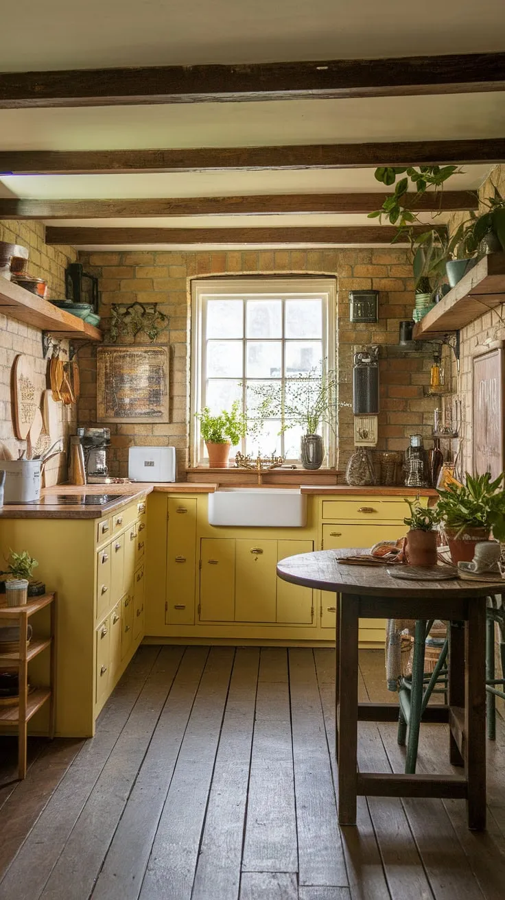 Sunlight streams through the window, illuminating the cheerful yellow walls and rustic charm of this English cottage kitchen. The aged wooden beams, brick accents, and potted plants create a warm and inviting atmosphere, a perfect spot for a quiet cup of tea. A simple wooden table sits ready for a comforting meal.
