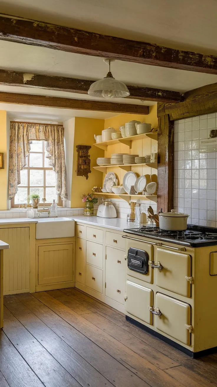 Step back in time in this charming English cottage kitchen, where sunlight streams through the window, illuminating the aged wooden beams and pristine white cabinetry. The vintage yellow walls and antique stove whisper tales of generations past, a testament to enduring country charm. A perfect haven for baking and creating cherished memories.