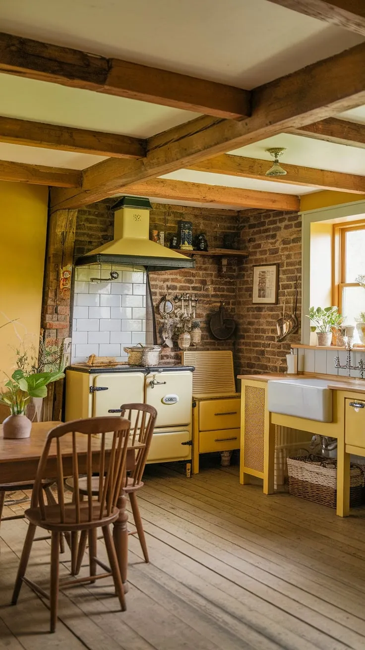 Step back in time in this charming English cottage kitchen, where rustic wooden beams and a warm brick wall create a cozy haven. The vintage yellow cabinets and aged wooden table invite you to linger over a cup of tea, a feeling of homeliness permeating every corner.