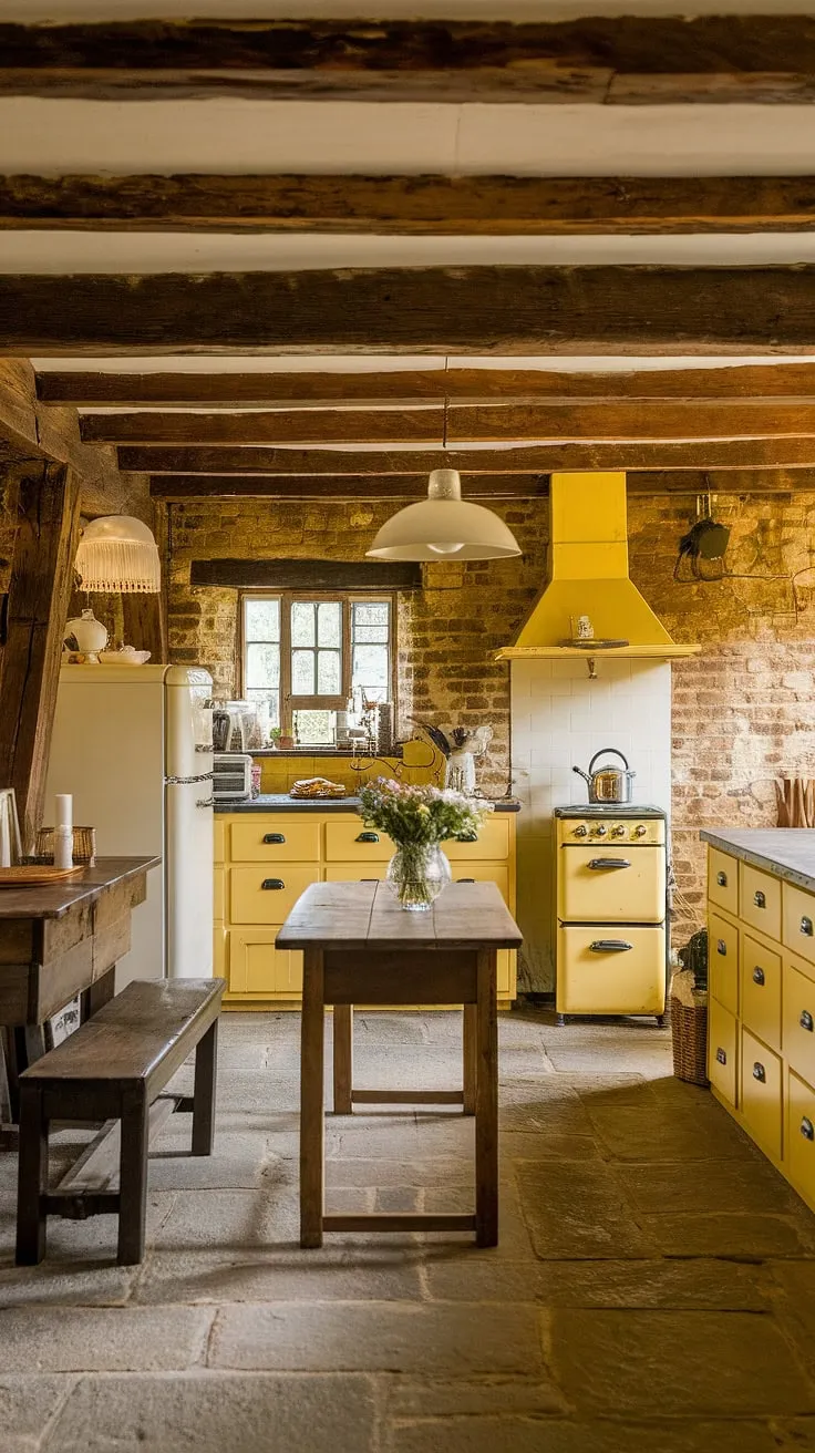 This vintage yellow kitchen, with its exposed brick and aged wooden furniture, whispers tales of generations past. The stone floor, the rustic charm, and the soft, warm light create an atmosphere of cozy comfort and timeless elegance. It's a space where memories are made, and the simple pleasures of life are celebrated.