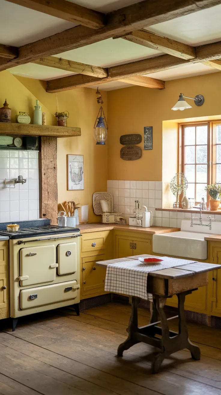 Imagine yourself baking bread in this idyllic yellow kitchen, its vintage details and warm glow creating a haven of peace. The ceramic sink, wooden table, and hanging lantern all contribute to the cozy, country cottagecore aesthetic. A truly enchanting space, full of character and charm.