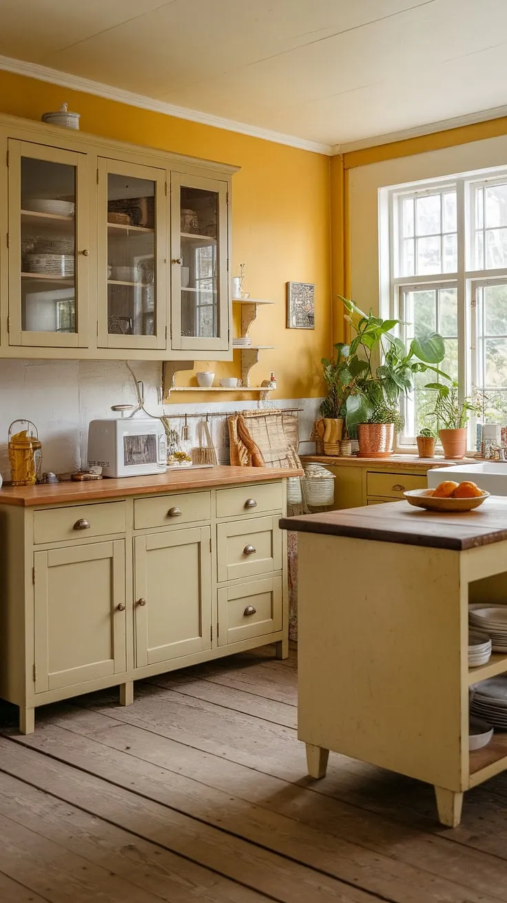 This charming country cottage kitchen, bathed in sunshine, is a haven of warmth and tranquility. The pale yellow walls and beige island create a serene atmosphere, perfect for leisurely afternoons spent baking and enjoying the company of loved ones. A true escape.
