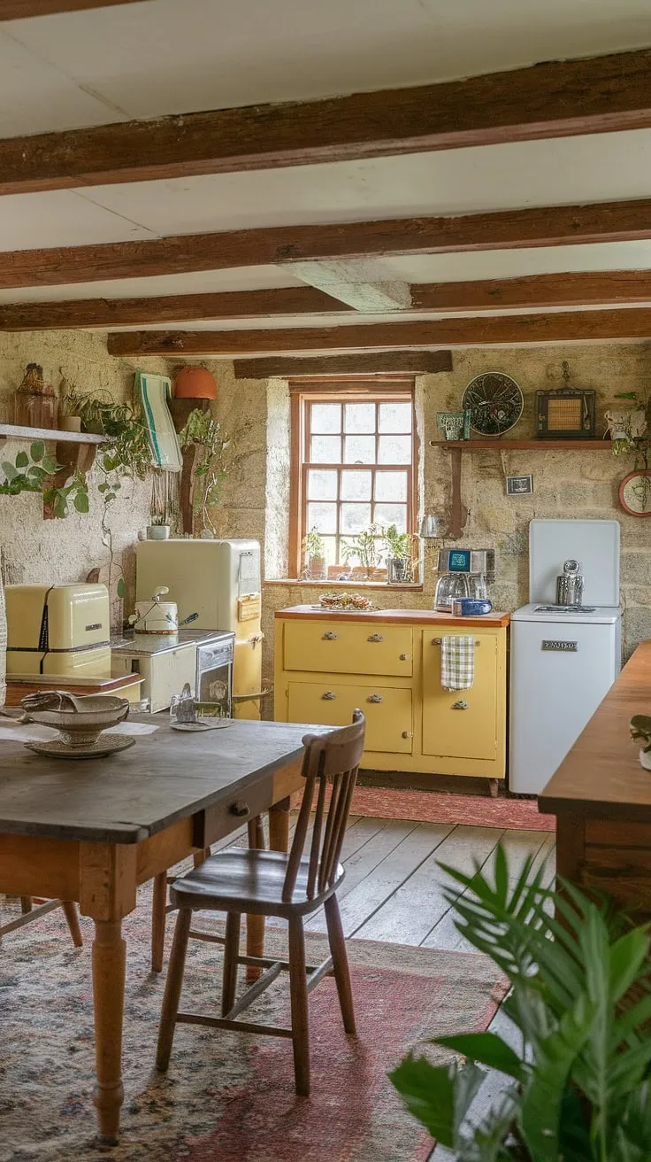 Step back in time in this charming English cottage kitchen, where rustic wooden beams meet sunny yellow walls and antique appliances whisper tales of generations past. The heart of the home, a large wooden table, invites lingering conversations and comforting meals. A perfect blend of vintage charm and cozy cottagecore.