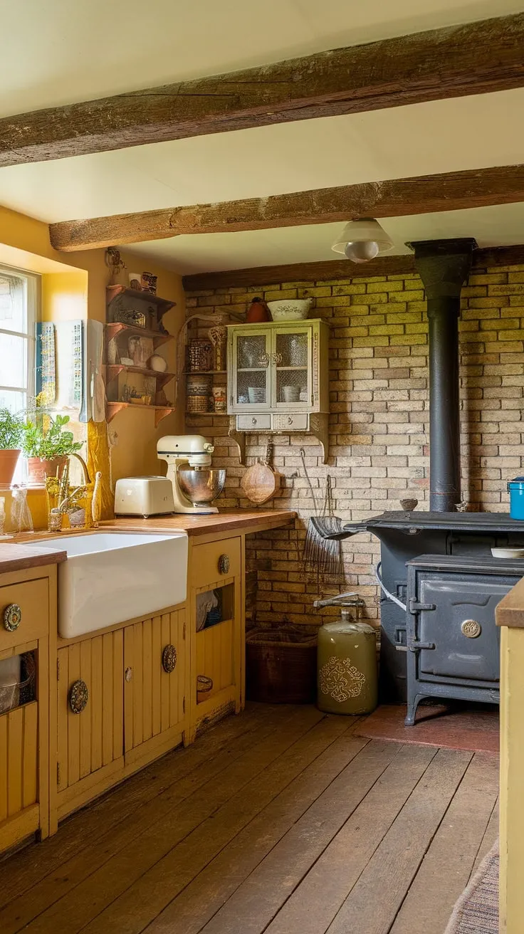 Sunlight streams into this idyllic yellow kitchen, illuminating the aged wooden cabinets and brick walls. The vintage mixer and toaster sit patiently, ready for baking adventures. This space, with its rustic charm and comforting warmth, is a testament to simpler times and enduring style.