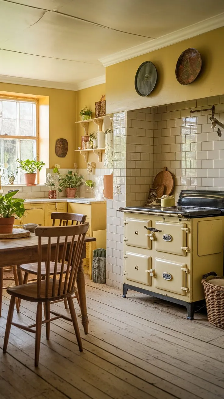 Imagine yourself in this sunlit haven: a vintage yellow kitchen brimming with cottagecore charm. A rustic range cooker sits proudly, ready for culinary adventures, while potted plants and wooden accents add a touch of rustic elegance. A peaceful retreat, perfect for quiet contemplation and the simple joys of home-cooked meals. A place where time slows down.