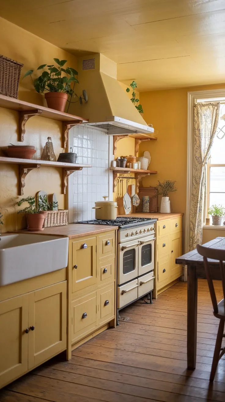 This vintage yellow kitchen is a haven of cottagecore dreams. A rustic wooden table sits beneath a charming range hood, while shelves overflow with potted plants and a wicker basket, adding to the cozy and inviting atmosphere. The warm lighting and sunlit window create a space perfect for quiet mornings and comforting meals.