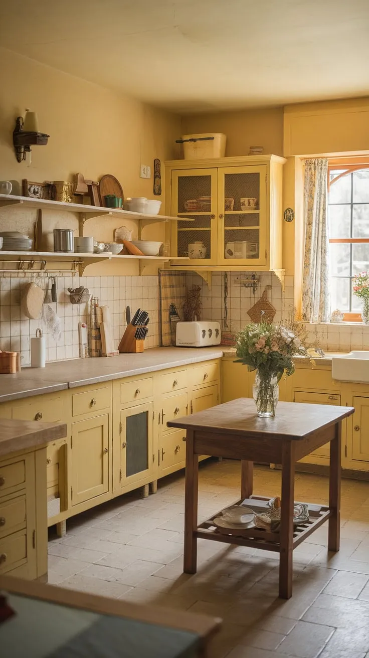 Sun-drenched mornings and the comforting aroma of freshly baked bread fill this vintage yellow kitchen, a haven of rustic charm and cottagecore dreams. The warm light dances on the wooden cabinets and beige stone counters, creating a space where memories are made and simple pleasures are savored. A perfect blend of old-world elegance and modern comfort.