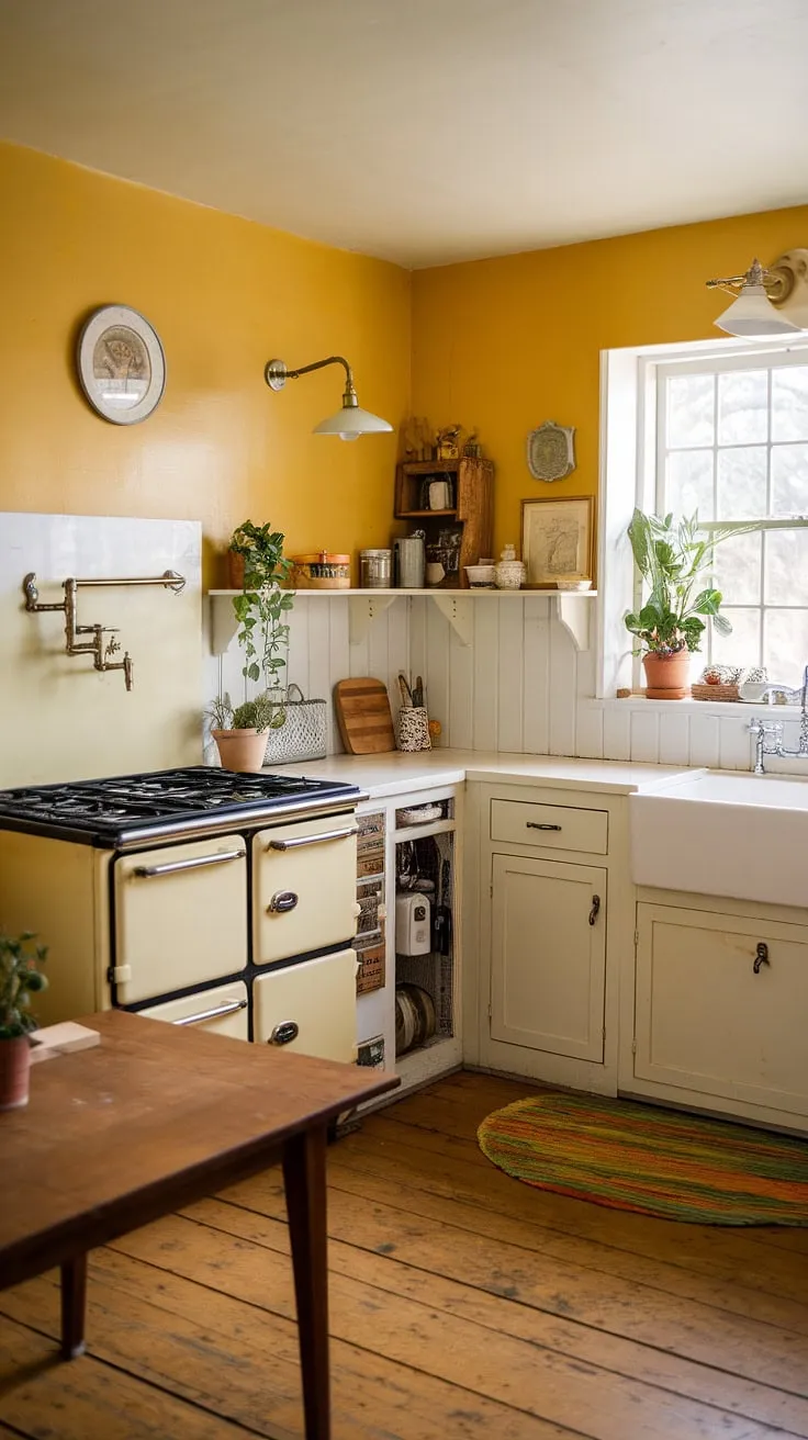 Step into a world of sunlit charm and rustic elegance. This vintage yellow kitchen, with its white cabinets and aged stove, is a testament to timeless beauty. The heart of the home, filled with the comforting aroma of home-cooked meals and the gentle hum of a peaceful living.